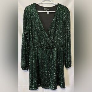 Crystal Doll Dress Women’s L Sequin Green Glitter Midi Length